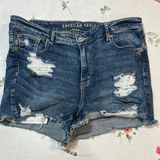 American Eagle hi-rise shortie Blue Jean Shorts High-Waisted Frayed size 16 Photo 0