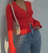 Commense Ruffled Trim Pearl Button Long Sleeve Cardigan size M Red Size M Photo 0