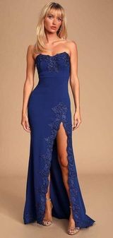 Lulus Twyla Royal Blue Embroidered Strapless Maxi Dress gown with slit  Sz L Photo 0