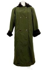 VTG Larry Levine Double Breasted Maxi Long Trench Coat Green Hooded faux Fur M Photo 0