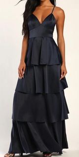 Going with Elegance Navy Blue Satin Tiered Gown Photo 0