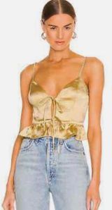 LPA Chartreuse Green Satin Front Tie Ruffle Hem Bardot Photo 0