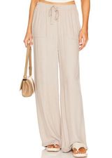 Bobi  High Waist Pant Tan SMALL Wide Leg Long Slouchy Beach Resort 28x35 Photo 0