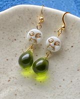 olive color teardrop Czech glass & moon face vintage style dangle earrings💚🫒🌝 Photo 0