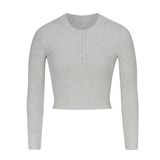 SKIMS COTTON RIB LONG SLEEVE CROP HENLEY LIGHT HEATHER GREY (New Photo 0