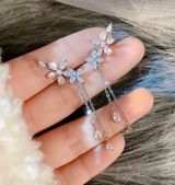 18K White Gold Plated Crystal Flower Tassel Dangle Drop Earrings Silver Photo 0