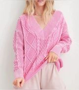 Aerie  Cable Knit Chunky V Neck Sweater Pink Medium Photo 0