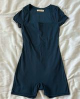 Blue Short Sleeve Square Neckline Workout Jumpsuit Photo 0