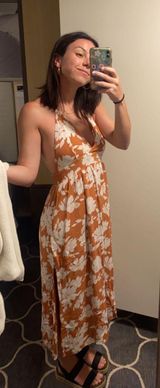 Orange Floral Print Halter Midi Dress Photo 0