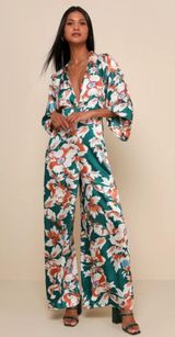 Lulu’s Teal Floral Print Bell Sleeve Wide-Leg Jumpsuit Photo 0