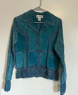 Bagatelle 90s/y2k   blue suede leather patchwork floral crochet jacket size small Photo 0