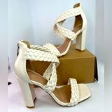 Women’s sz 7 Ermonn New In Box Ivory/off white Braided straps Chunky High Heel Photo 0