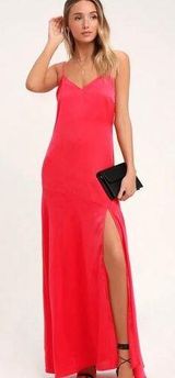 NWT Lulus Hot Date Red Satin Slip Maxi Dress Medium Sleeveless Asymmetric Seam Photo 0