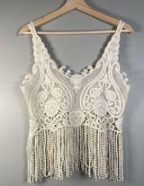 Clover + Scout Lace Crop Top Fringe Hem Tank Size XS Ivory Festival Boho Western Photo 0
