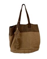J JILL MIXED STRIPES JUTE TOTE BAG NATURAL BROWN LEATHER HANDLES HASSLE ACCENT.  Photo 0