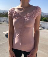 BCBGMAXAZRIA BCBG Ruched Cap Sleeve Dusty Rose Off Shoulder Stretch Shirt USA made Top S Photo 0