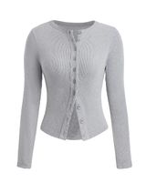 Womens Plain Button Front Ribbed Long Sleeve Sweater Photo 0