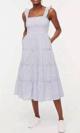 J.Crew  Smocked Tiered Navy White Striped Midi Dress Pockets Size Large Photo 0