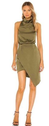 NWT Elliatt Camo Olive Green Satin Halter Asymmetric Cocktail Mini Dress XS Photo 0