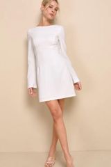 Elegant Cutie Ivory Bow Long Sleeve Backless Mini Dress Photo 0