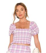 LoveShackFancy Pink Plaid Puff Sleeve Crop Blouse size Small Photo 0