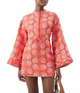 Staud Karlee Linen Long Sleeve Printed Bell Sleeve Mini Dress Coral Orange XS Photo 0