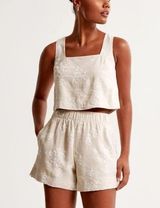 Abercrombie & Fitch Beige Embroidered Linen Shorts Beach Boho Preppy Coastal L Photo 0