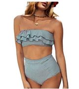 Stripe High Waisted Bikini Set Bandeau Ruffle Swimsuit Size Small NWT #0411 Green Photo 0