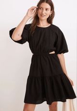 Madewell Seersucker Puff-Sleeve Cutout Mini Dress in Black size Medium Photo 0