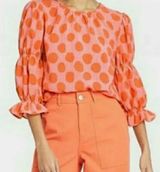 Who What Wear Orange Puff Sleeve Ruffled Polka Dot Blouse Photo 0