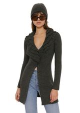 Tahari Long Cardigan Sweater Jacket 100% Merino Wool Size Small Gray Ruffle Snap Photo 0