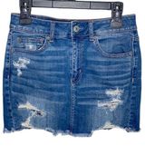 American Eagle distressed denim hi-rise mini skirt fringe hem size 8 Photo 0