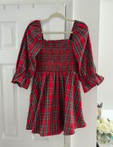 Francesca's  Red Holiday Plaid Smocked Mini Dress With Puffy Sleeves Photo 0