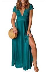 NEW Deep V Neck Pleated High Waist Slit Maxi Dress L Green Size L Photo 0