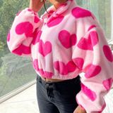 Pink Heart Fuzzy Zip up Sweatshirt Size M Photo 0