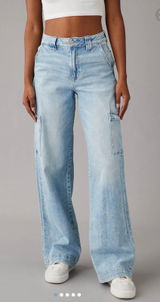 American Eagle Super High Rise Baggy Wide Leg Cargo Jeans Womens 10 Blue Size 29 Photo 0