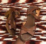 Y2K MIA Brown Manmade Leather Chunky Platform Bratz Block Heels Pumps Sandals Studded Criss Cross Open Peep Toe Strappy Woven Photo 0