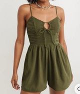 Smocked Keyhole Romper Olive Green Womens Size Medium Spring Summer Photo 0