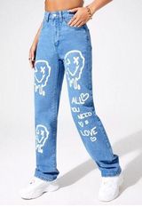 Shein "all you need is love" high waisted women's straight leg jeans size XS Photo 0