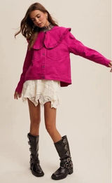 Listicle Ruffle Collar Denim Jean Jacket Fuchsia Pink Photo 0