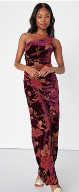 Lulus Unreal Awe Burgundy Floral Burnout Velvet One-Shoulder Dress size medium Photo 0