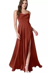 Bridesmaids Dress Terracotta Flowy Cowl Neckline Side Slit Satin Size 12 Photo 0