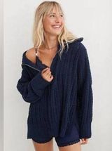 Aerie Cable Car Quarter Zip Oversized Sweater small navy blue ribbed knit Photo 0