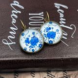 Blue Floral Glass Cabochon Brass Dangle Earrings Photo 0