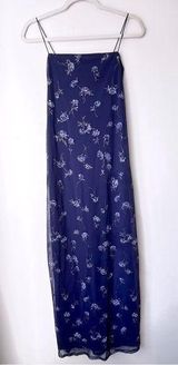 Byer California Vintage 90s Byer Too! Navy Blue Floral Glitter Maxi Prom Cocktail Dress S Photo 0