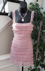 Woman Cocktail Dress Women Pink Lace Overlay Beaded Mini Halter Square Neck Photo 0