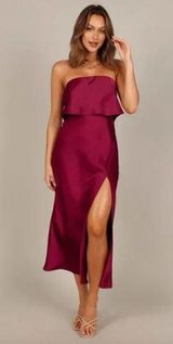 Petal & Pup Vienna Strapless Berry Satin Ruffle Side Slit Midi Dress XL Photo 0