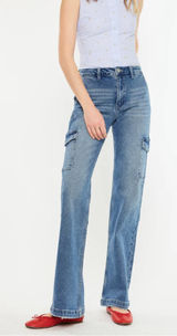 KanCan Aspen High Rise‎ Wide Flare Jeans size 13 Waist 30 Cargo Pockets Stretch Blue Photo 0