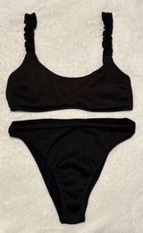 Black Ribbed Bikini Set Top Bottoms Ruffles High Waisted - Size XL Photo 0