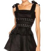 Zimmermann Kirra black linen tie shoulder peplum top with eyelet lace trim Photo 0